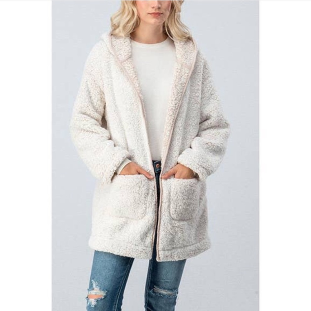 Cozy sherpa fleece open hooded jacket -oatmeal